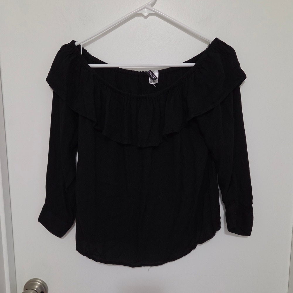 H&M Divided Black Off The Shoulder Ruffle Blouse Viscose Size 16